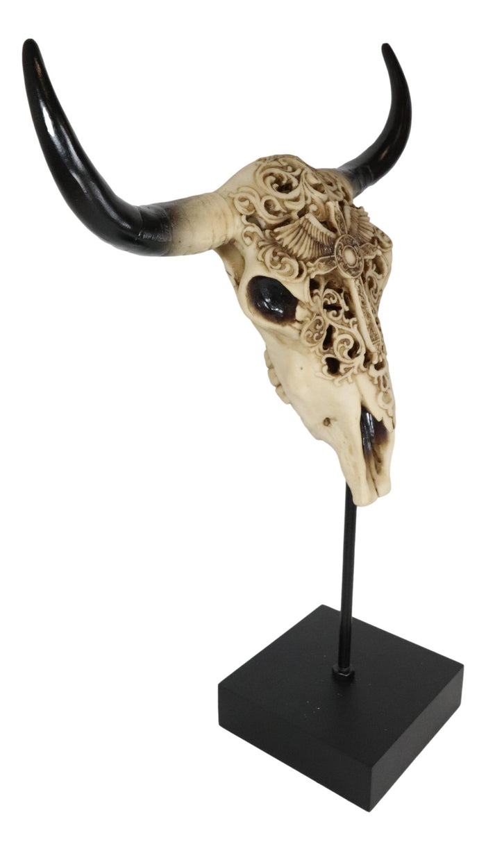Ebros Gift Western Floral Tribal Scroll Bull Cow Skull Winged Cross Desktop Plaque On Stand