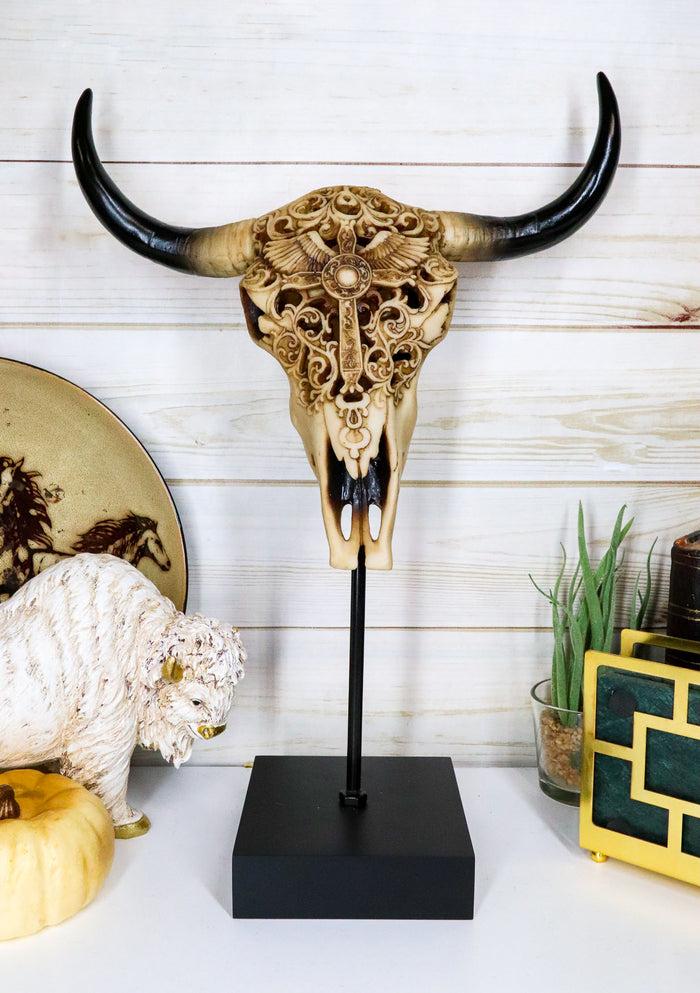 ebros gift Western Floral Tribal Scroll Bull Cow Skull Winged Cross Desktop Plaque On Stand