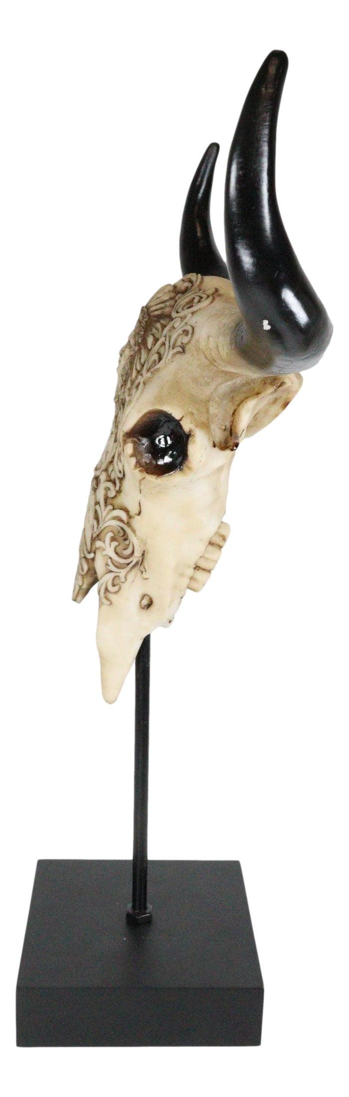 Ebros Gift Western Floral Tribal Scroll Indian Chief Bull Cow Skull Desktop Plaque On Stand