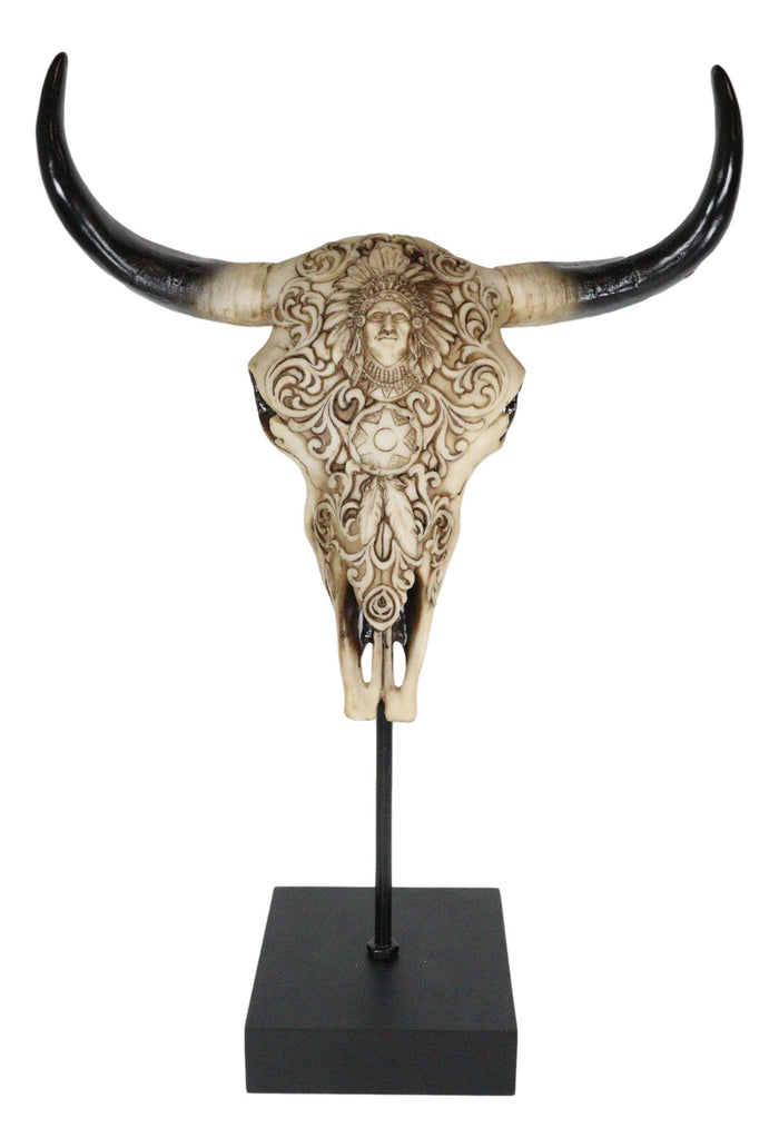 Ebros Gift Western Floral Tribal Scroll Indian Chief Bull Cow Skull Desktop Plaque On Stand