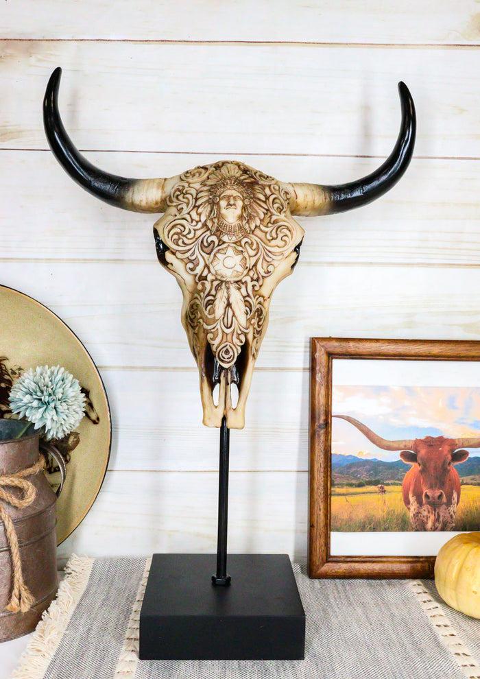 ebros gift Western Floral Tribal Scroll Indian Chief Bull Cow Skull Desktop Plaque On Stand