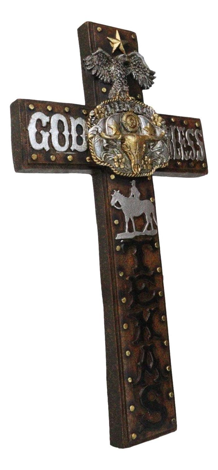 Ebros Gift Western God Bless Texas Longhorn Cow Concho Eagle Cowboy On Horse Wall Cross