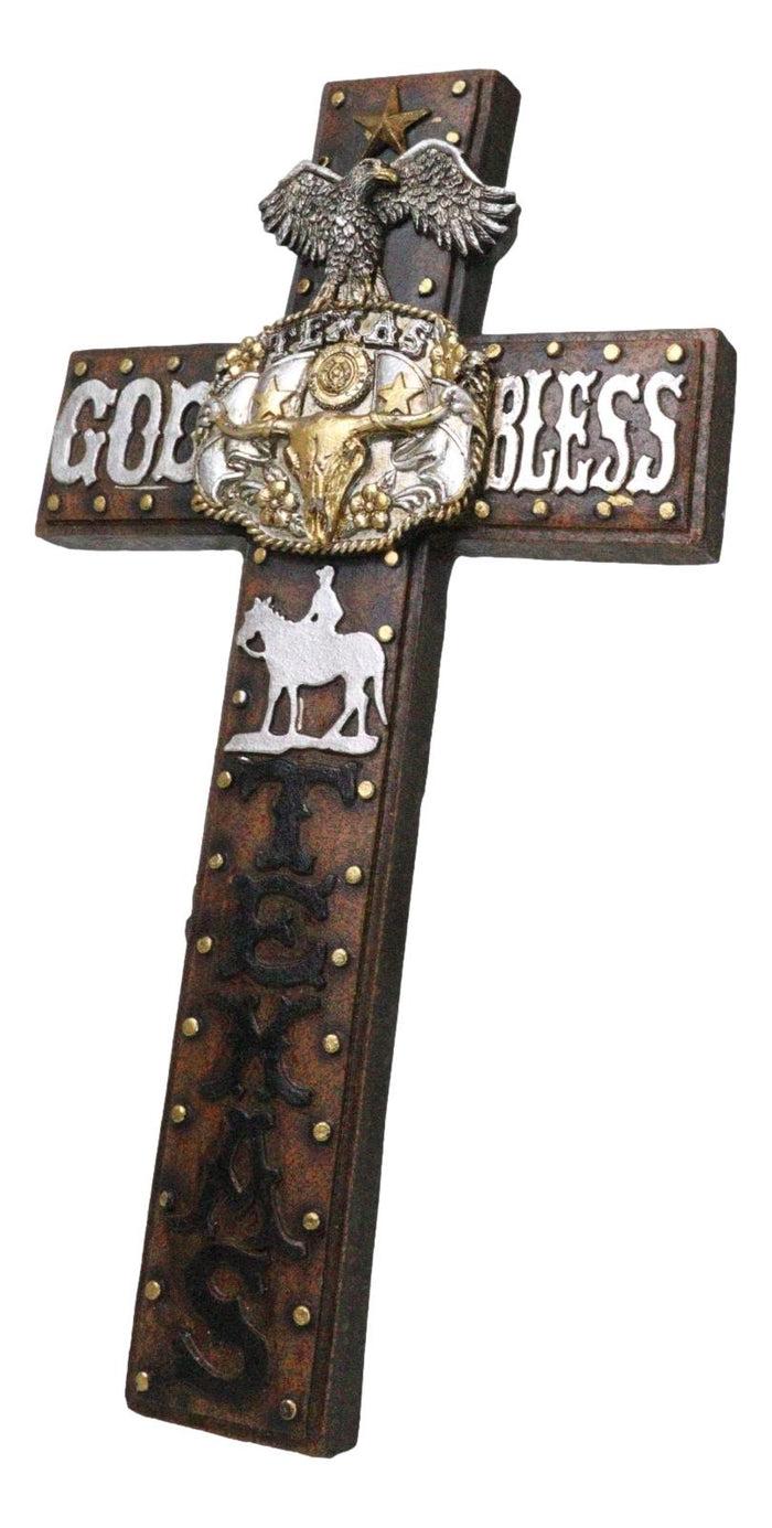 Ebros Gift Western God Bless Texas Longhorn Cow Concho Eagle Cowboy On Horse Wall Cross