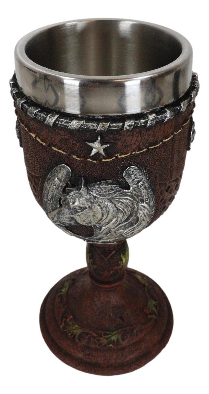 Ebros Gift Western Horse Head Giant Horseshoe Lone Stars In Faux Tooled Leather Wine Goblet