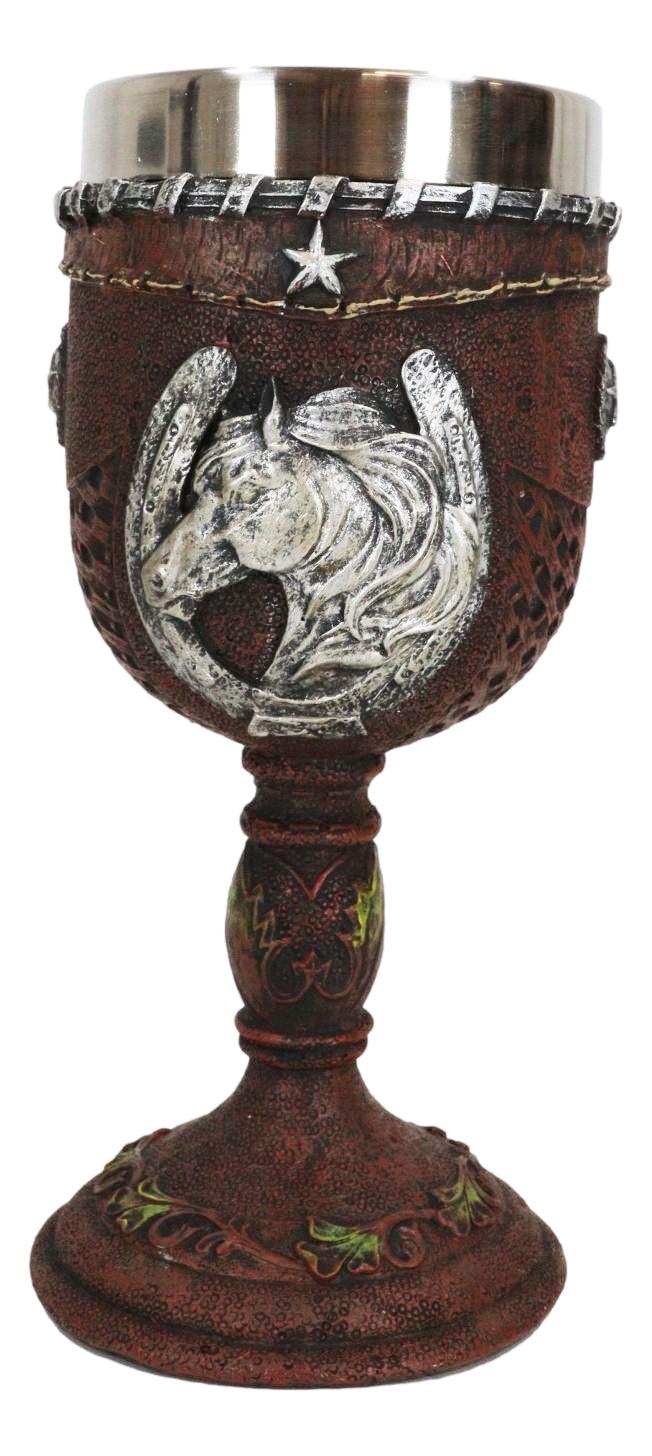 Ebros Gift Western Horse Head Giant Horseshoe Lone Stars In Faux Tooled Leather Wine Goblet