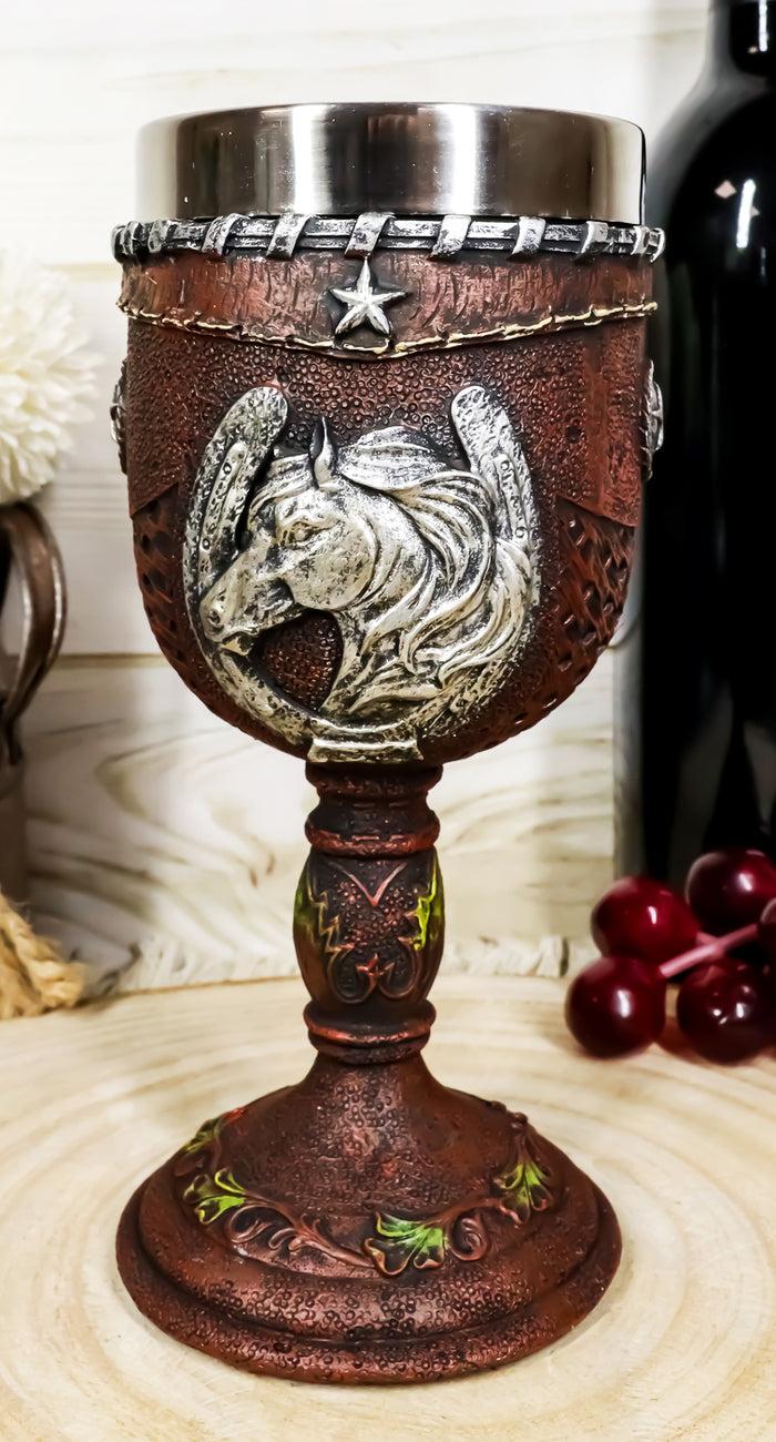 ebros gift Western Horse Head Giant Horseshoe Lone Stars In Faux Tooled Leather Wine Goblet