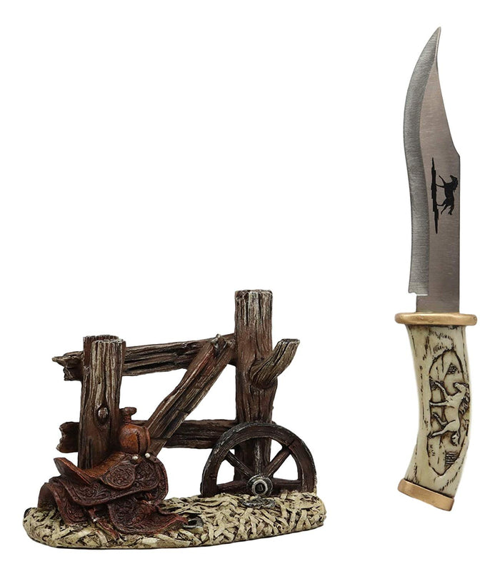 Ebros Gift Western Horse Saddle By Wagon Wheel With Blunt Knife Display Holder Statue Set