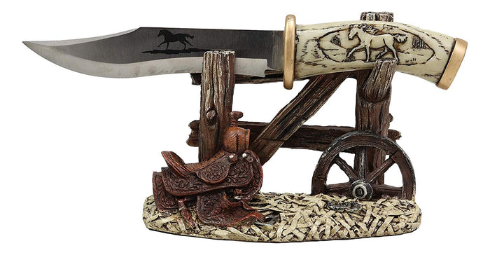Ebros Gift Western Horse Saddle By Wagon Wheel With Blunt Knife Display Holder Statue Set