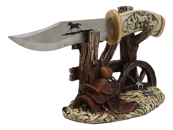 Ebros Gift Western Horse Saddle By Wagon Wheel With Blunt Knife Display Holder Statue Set