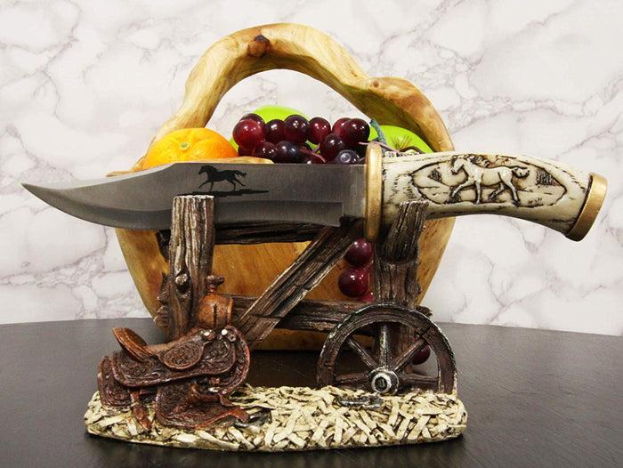 ebros gift Western Horse Saddle By Wagon Wheel With Blunt Knife Display Holder Statue Set
