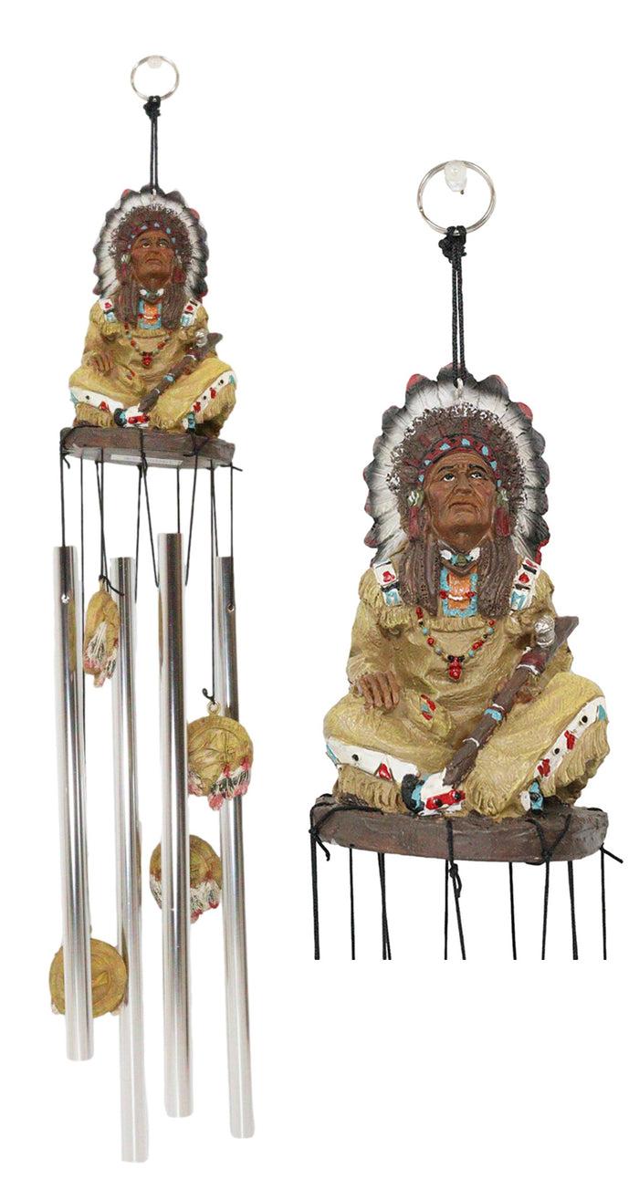 ebros gift Western Indian Chief With Roach Headdress And Peace Pipe Decorative Wind Chime