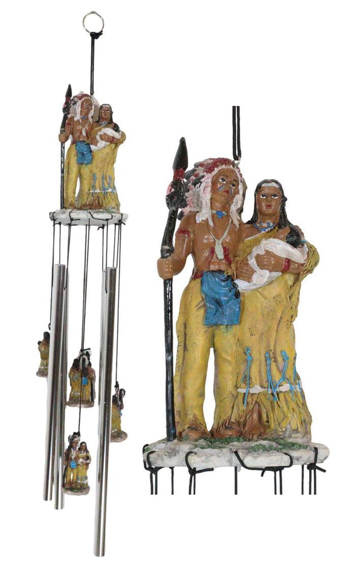 ebros gift Western Indian Chief With Roach Next To Chieftess And Baby Family Wind Chime