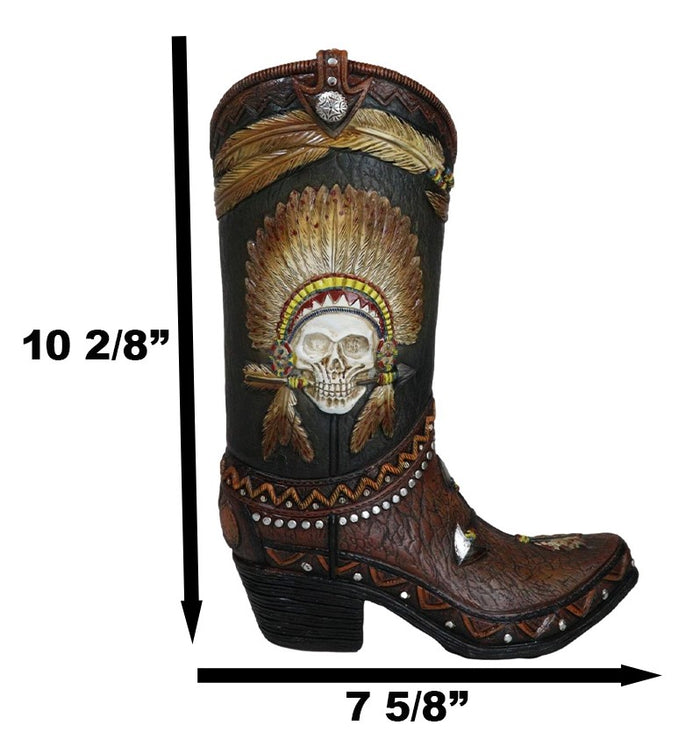 Ebros Gift Western Indian Skull Chief With Headdress Faux Tooled Leather Cowboy Boot Vase