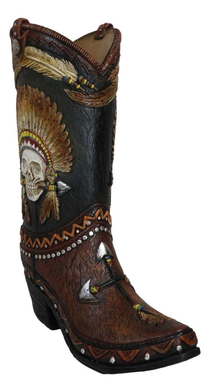 Ebros Gift Western Indian Skull Chief With Headdress Faux Tooled Leather Cowboy Boot Vase
