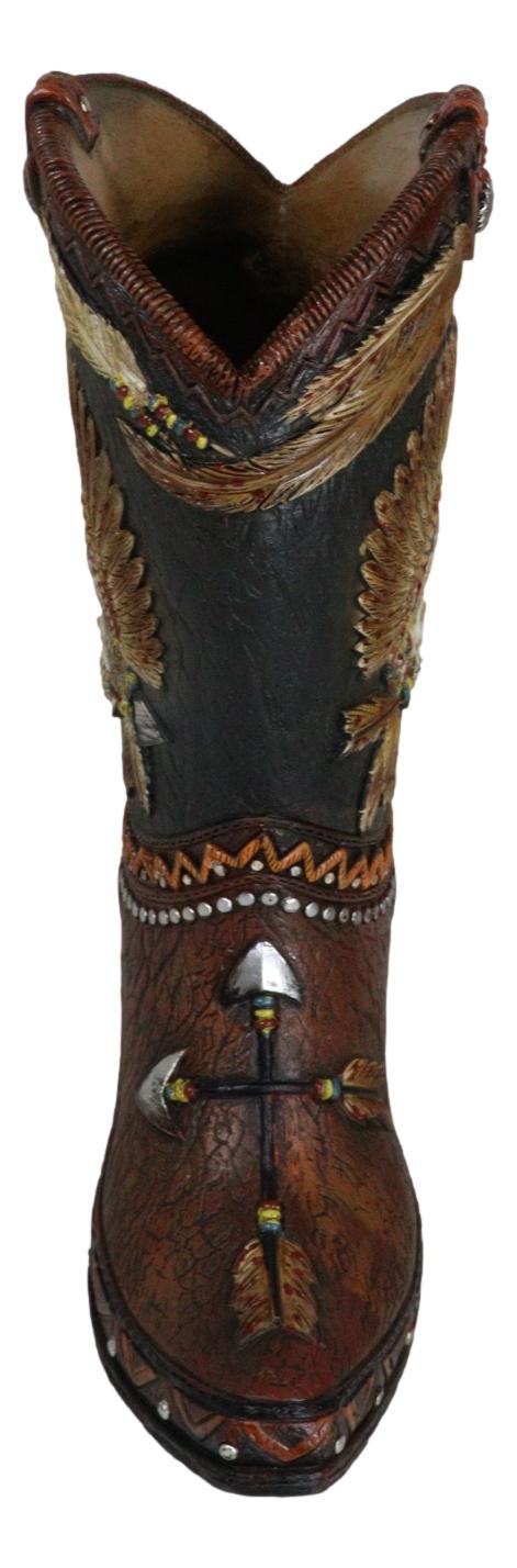 Ebros Gift Western Indian Skull Chief With Headdress Faux Tooled Leather Cowboy Boot Vase
