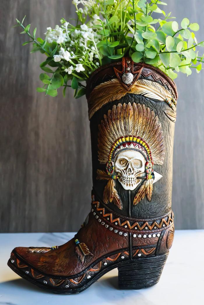 ebros gift Western Indian Skull Chief with Headdress Faux Tooled Leather Cowboy Boot Vase