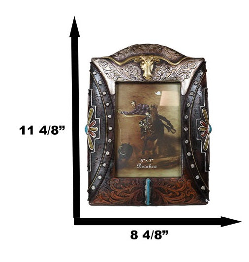 Ebros Gift Western Longhorn Tooled Silver Concho Turquoise Gems Picture Photo Frame 5"X7"