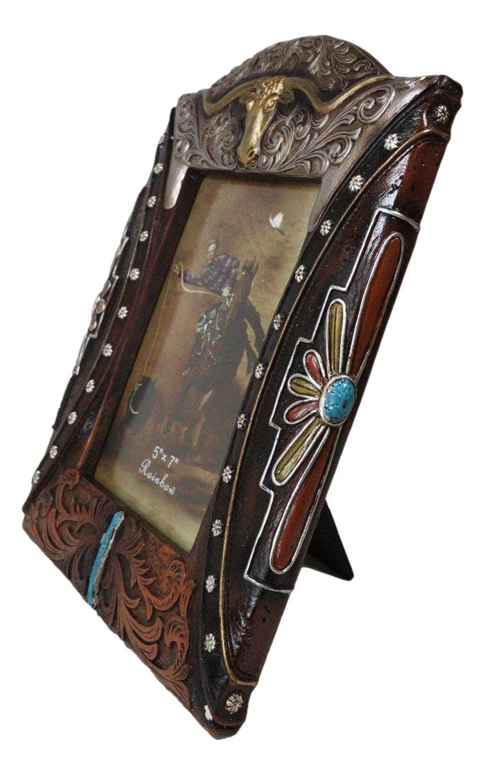 Ebros Gift Western Longhorn Tooled Silver Concho Turquoise Gems Picture Photo Frame 5"X7"
