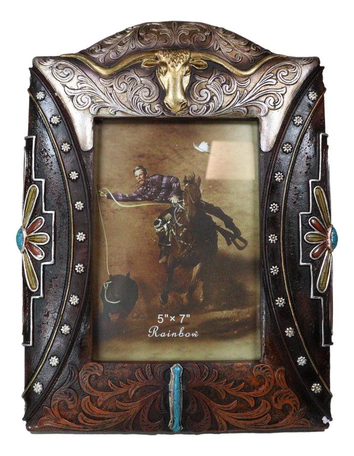 ebros gift Western Longhorn Tooled Silver Concho Turquoise Gems Picture Photo Frame 5"X7"