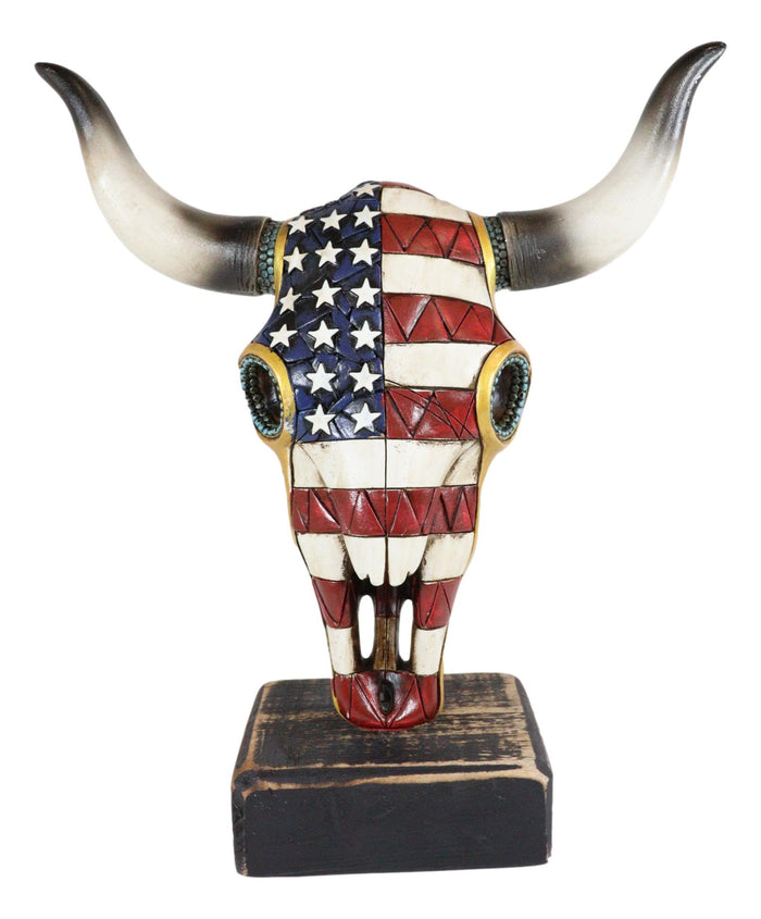 Ebros Gift Western Old Faithful Patriotic USA American Flag Cow Skull Desktop Plaque Statue
