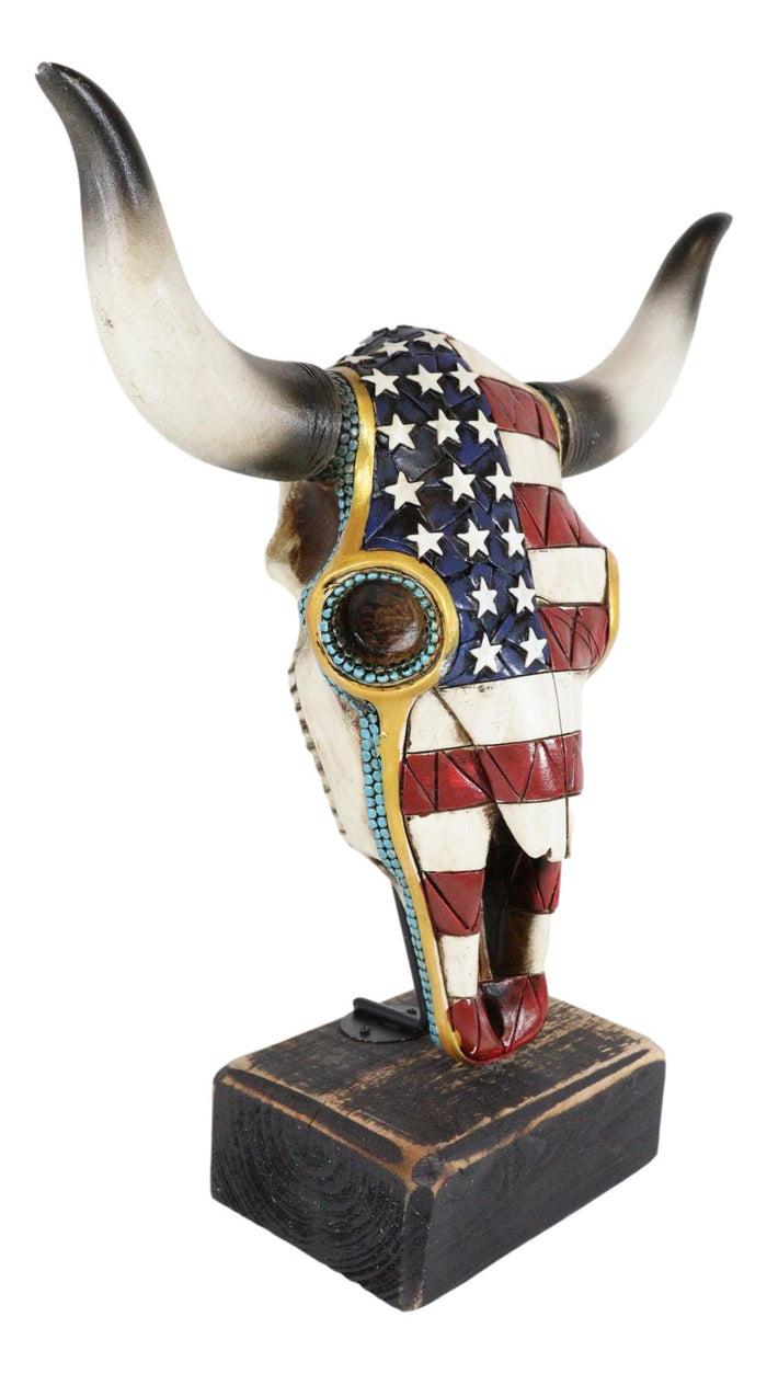 Ebros Gift Western Old Faithful Patriotic USA American Flag Cow Skull Desktop Plaque Statue