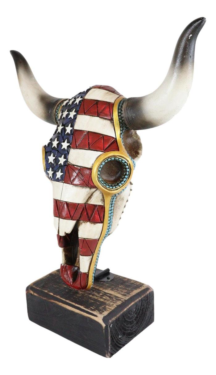 Ebros Gift Western Old Faithful Patriotic USA American Flag Cow Skull Desktop Plaque Statue
