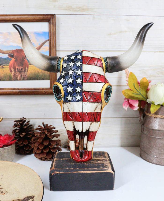 ebros gift Western Old Faithful Patriotic USA American Flag Cow Skull Desktop Plaque Statue