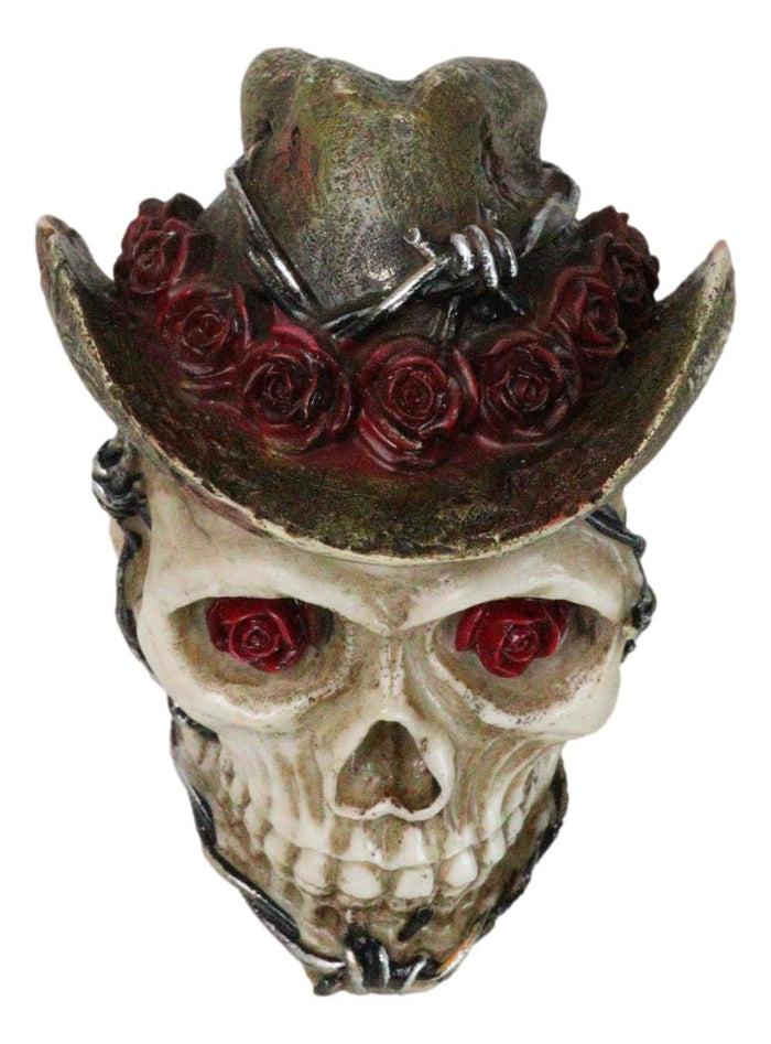 Ebros Gift Western Old Wild West Cowboy Skull With Romantic Roses Barbed Wire Hat Figurine