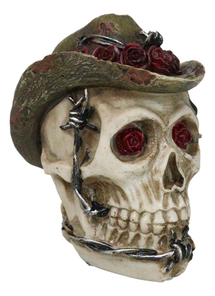 Ebros Gift Western Old Wild West Cowboy Skull With Romantic Roses Barbed Wire Hat Figurine