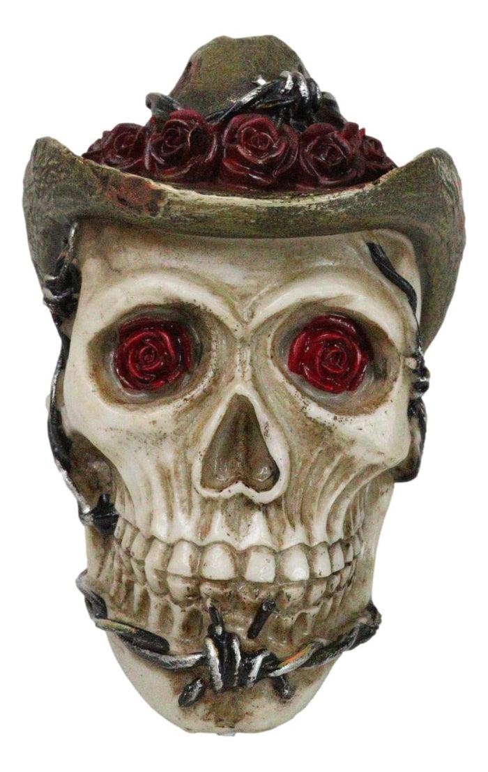 ebros gift Western Old Wild West Cowboy Skull with Romantic Roses Barbed Wire Hat Figurine