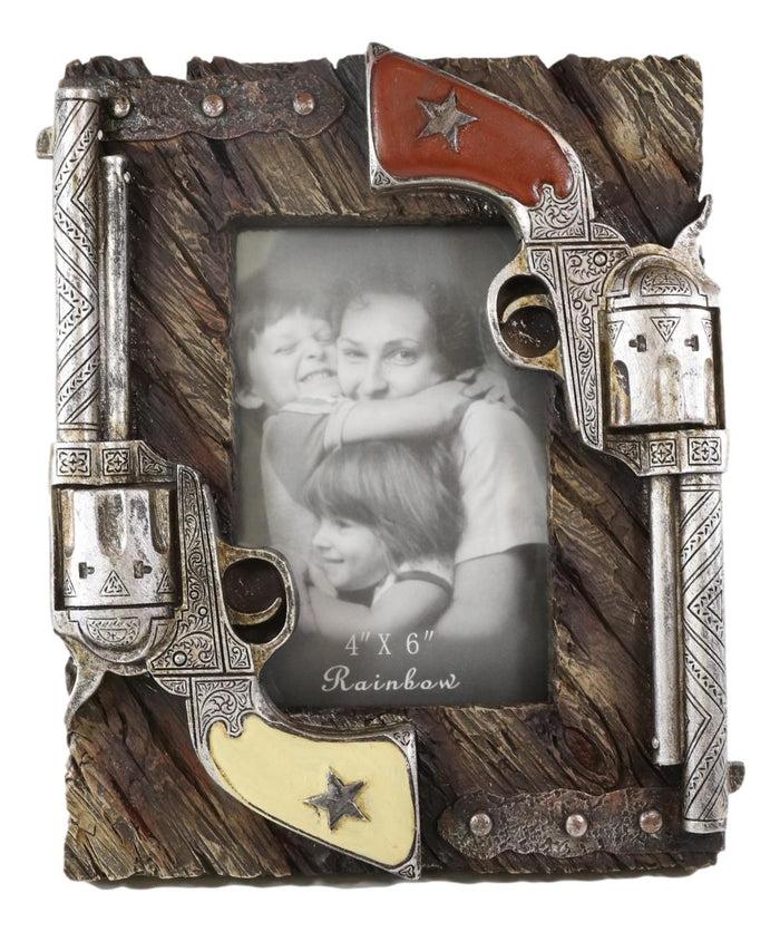 Ebros Gift Western Outlaw Dual Pistol Revolvers Faux Barnwood Photo Picture Frame Decor 4X6