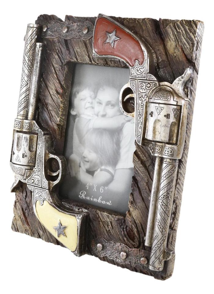 Ebros Gift Western Outlaw Dual Pistol Revolvers Faux Barnwood Photo Picture Frame Decor 4X6