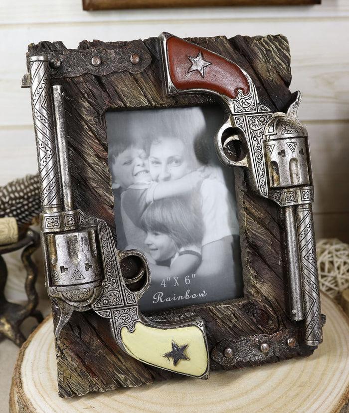 ebros gift Western Outlaw Dual Pistol Revolvers Faux Barnwood Photo Picture Frame Decor 4X6