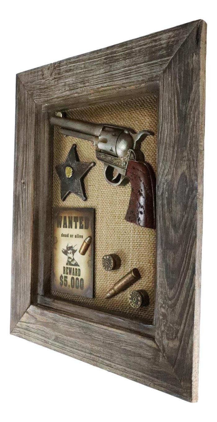 Ebros Gift Western Outlaw Wanted Poster Pistol Gun Badge Bullets Wooden Frame Wall Decor