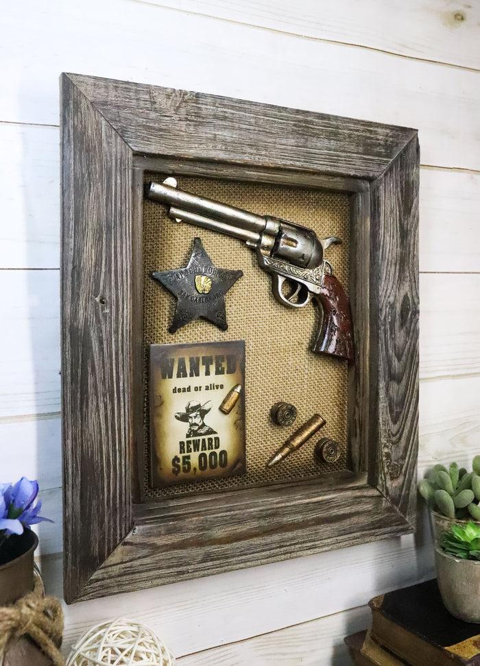 Ebros Gift Western Outlaw Wanted Poster Pistol Gun Badge Bullets Wooden Frame Wall Decor