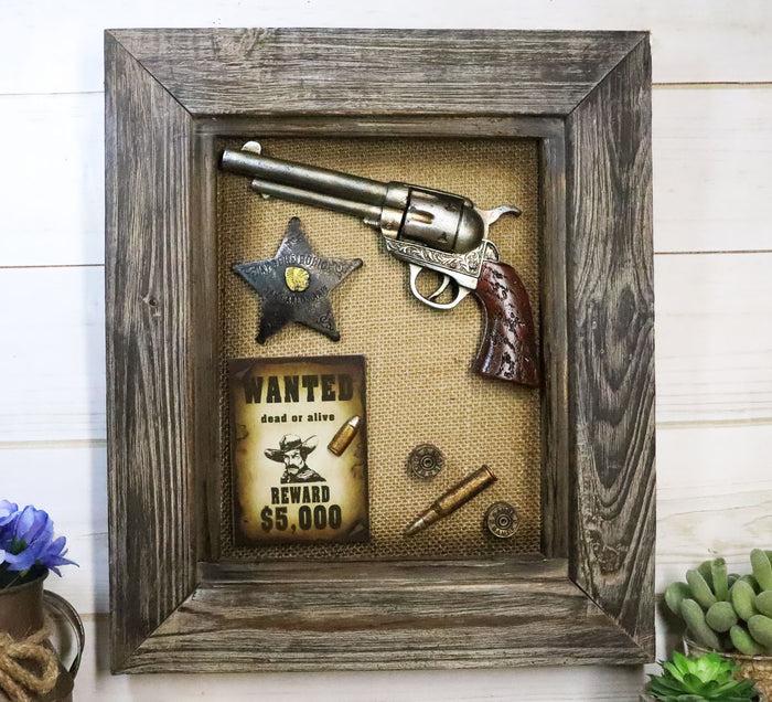 ebros gift Western Outlaw Wanted Poster Pistol Gun Badge Bullets Wooden Frame Wall Decor