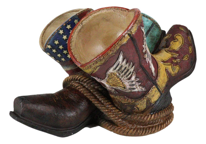 Ebros Gift Western Patriotic American Flag Faux Tooled Leather Boots 3 Bottles Wine Holder