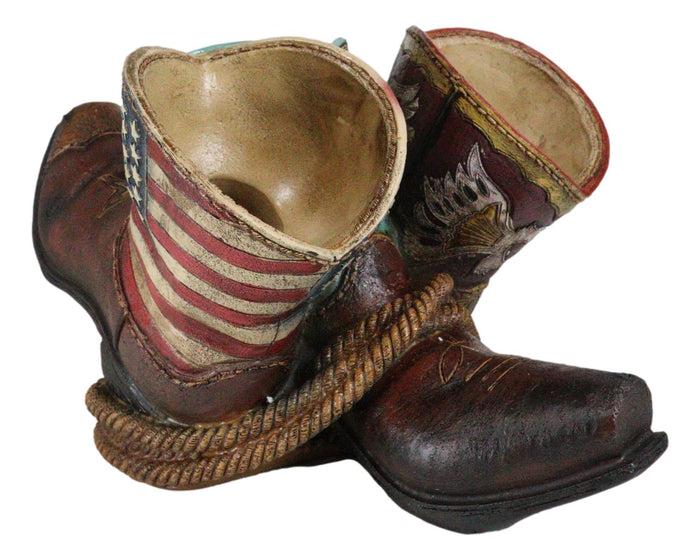 Ebros Gift Western Patriotic American Flag Faux Tooled Leather Boots 3 Bottles Wine Holder