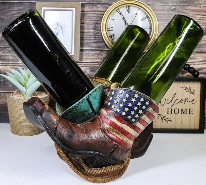 ebros gift Western Patriotic American Flag Faux Tooled Leather Boots 3 Bottles Wine Holder