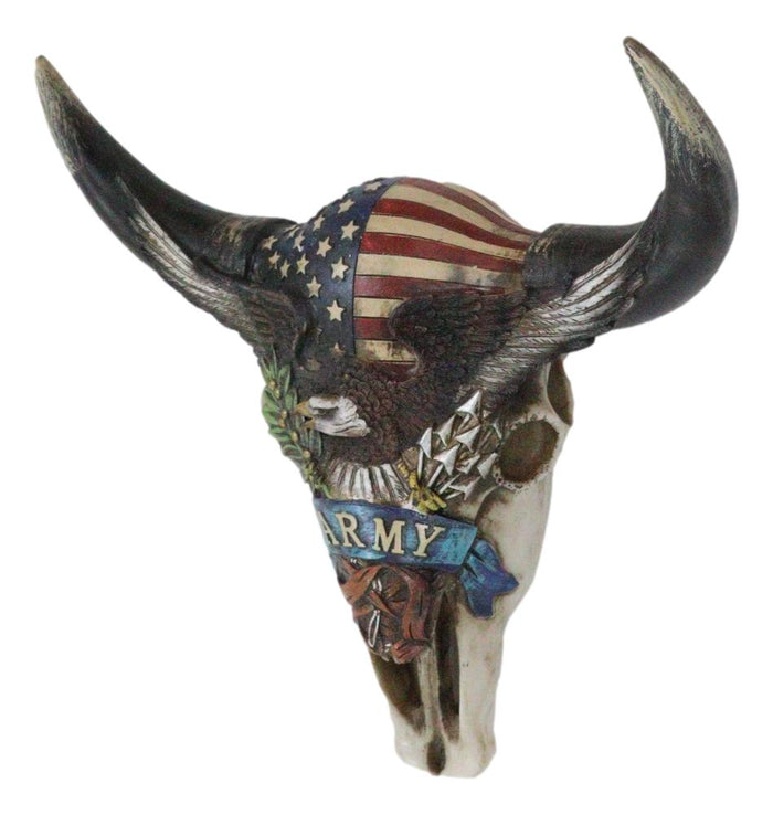 Ebros Gift Western Patriotic Bull Cow Skull With American Flag Bald Eagle Army Wall Decor