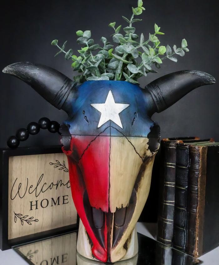ebros gift Western Patriotic Texas State Flag Lone Star Rustic Cow Skull Vase Planter Decor