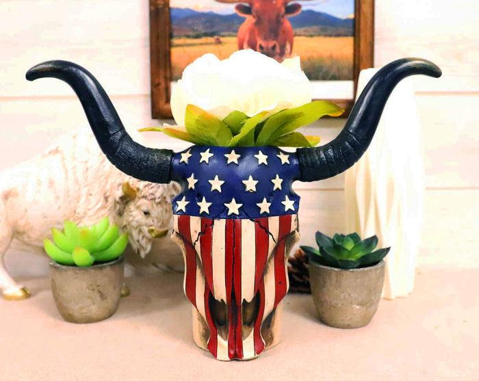 ebros gift Western Patriotic US American Flag Old Faithful Longhorn Cow Skull Vase Planter