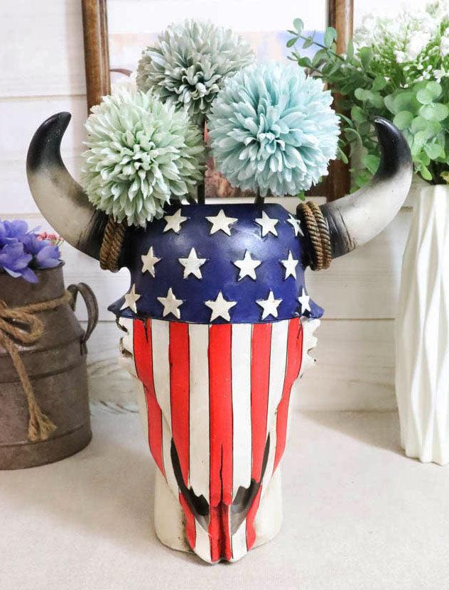 ebros gift Western Patriotic US American Flag Star Spangled Banner Cow Skull Vase Planter