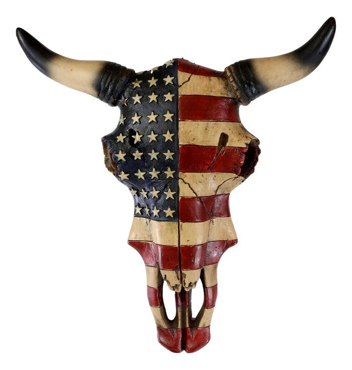 Ebros Gift Western Patriotic US American Flag Steer Bison Bull Cow Skull Wall Decor Plaque