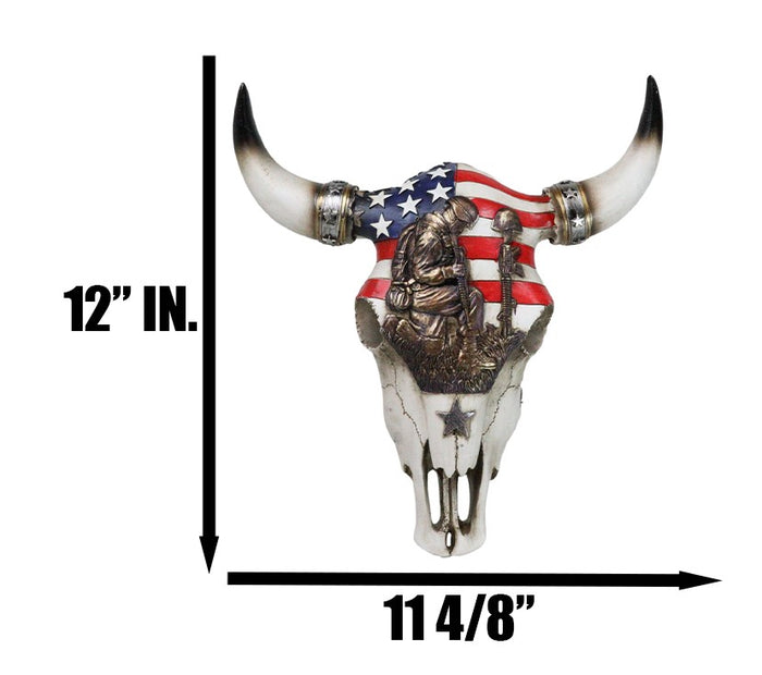 Ebros Gift Western Patriotic USA Flag Helmet Rifle Soldier Memorial Cow Skull Wall Decor
