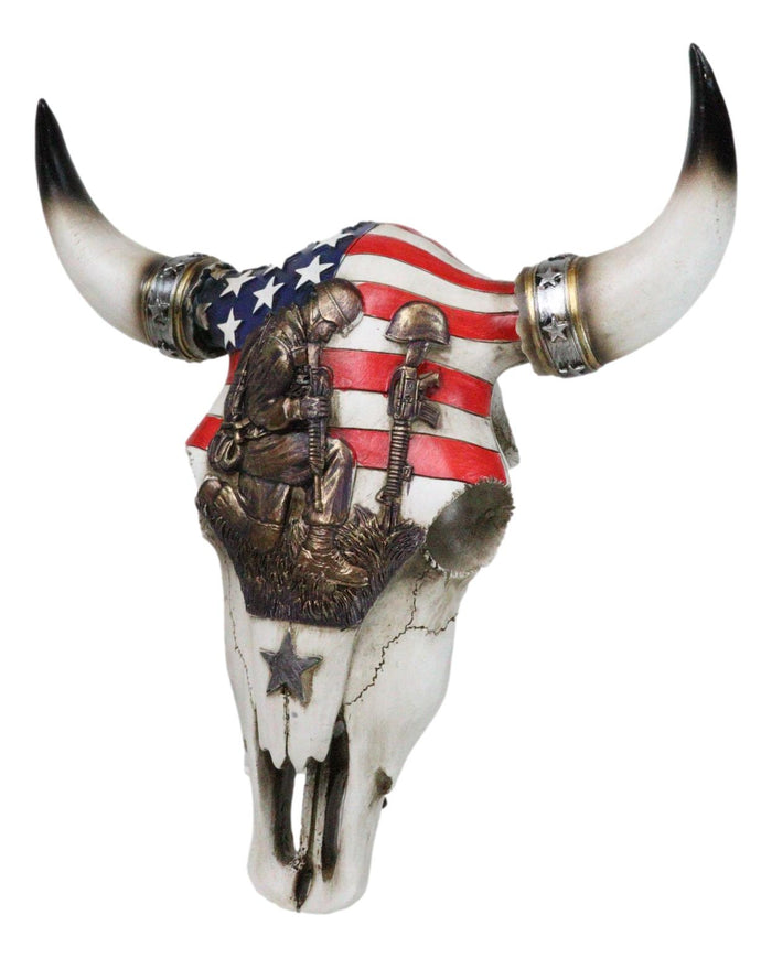 Ebros Gift Western Patriotic USA Flag Helmet Rifle Soldier Memorial Cow Skull Wall Decor