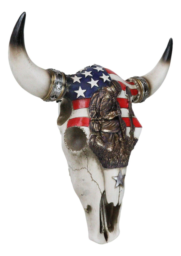 Ebros Gift Western Patriotic USA Flag Helmet Rifle Soldier Memorial Cow Skull Wall Decor