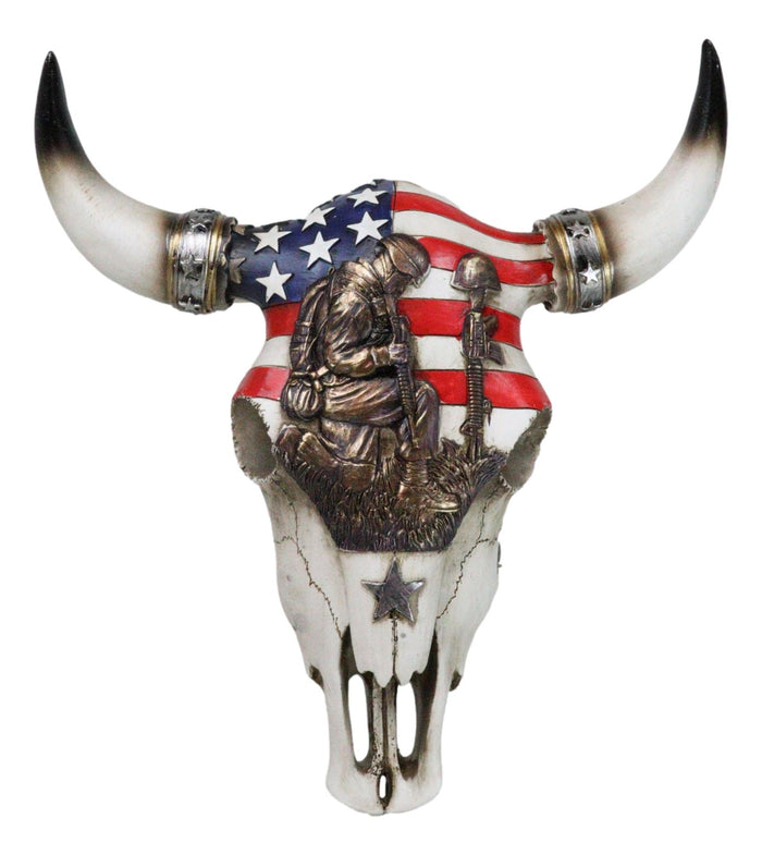 ebros gift Western Patriotic USA Flag Helmet Rifle Soldier Memorial Cow Skull Wall Decor