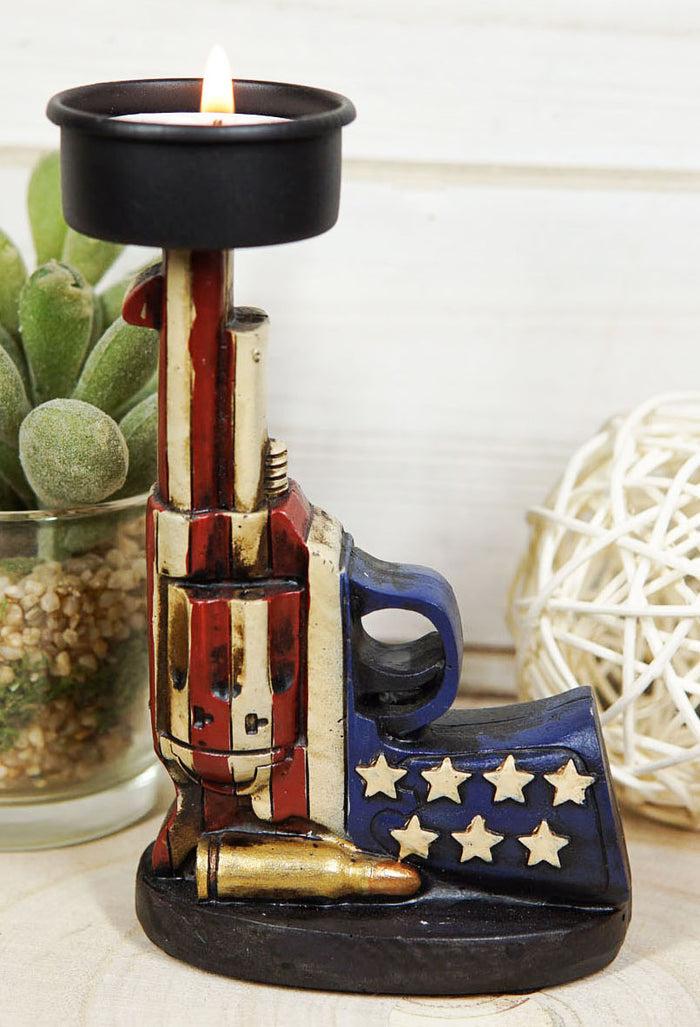 ebros gift Western Patriotic USA Flag Revolver Pistol Gun Votive Tea Light Candle Holder