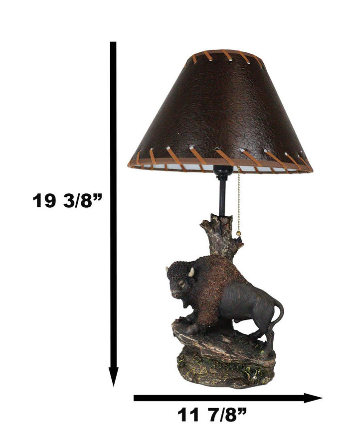 Ebros Gift Western Plains Bison Buffalo On Sloped Rocks By Tree Stump Desktop Table Lamp